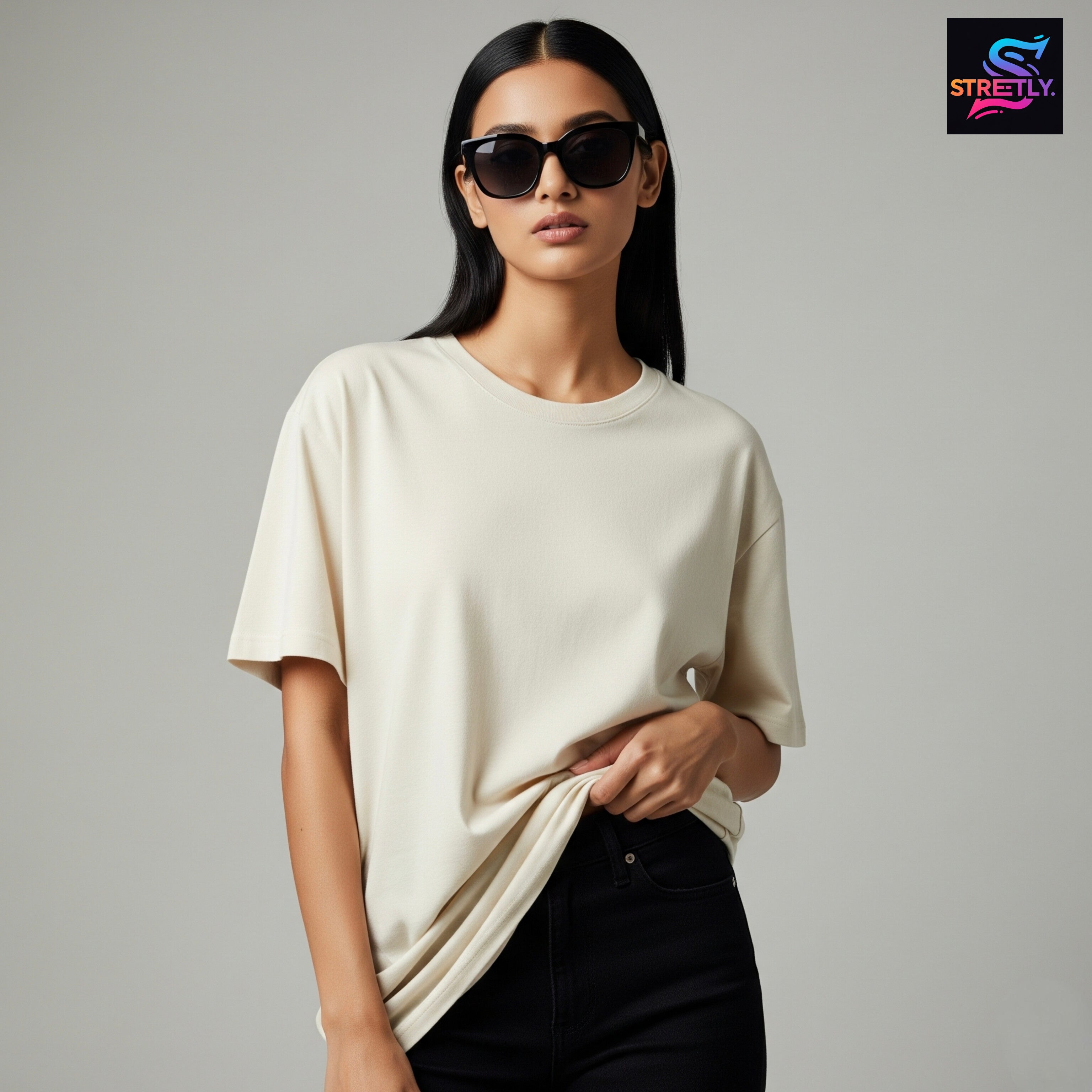 Cream|Plain Oversized Crew Neck Premium T-shirt|100% Cotton|Unisex