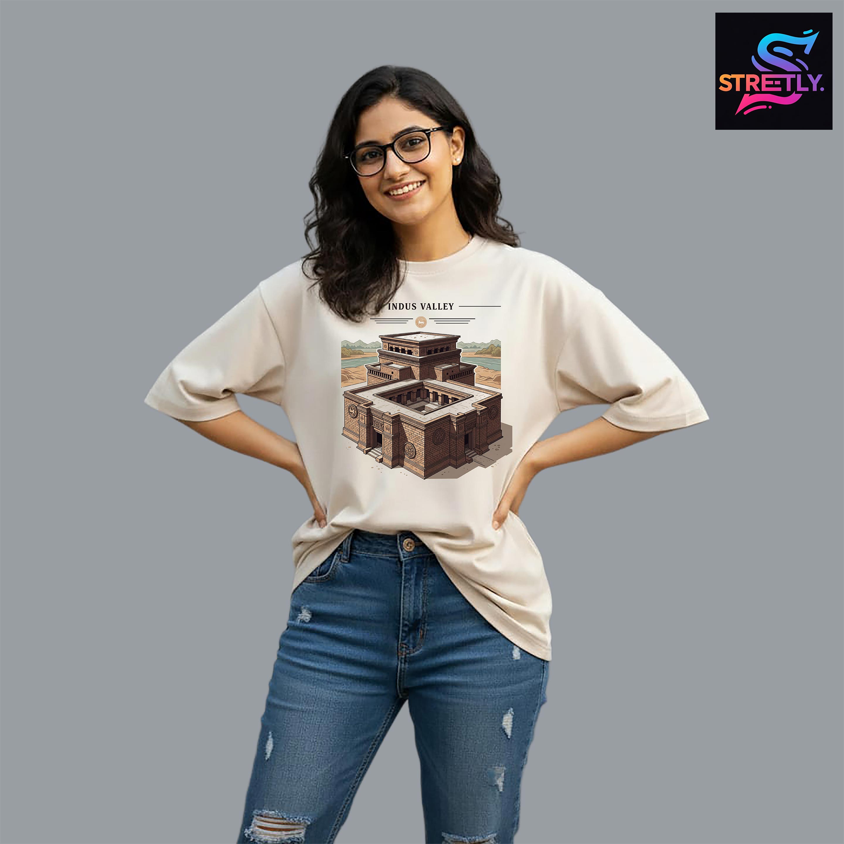 Indus Valley|Graphic Printed Oversized Crew Neck Premium T-shirt|100% Cotton|Unisex